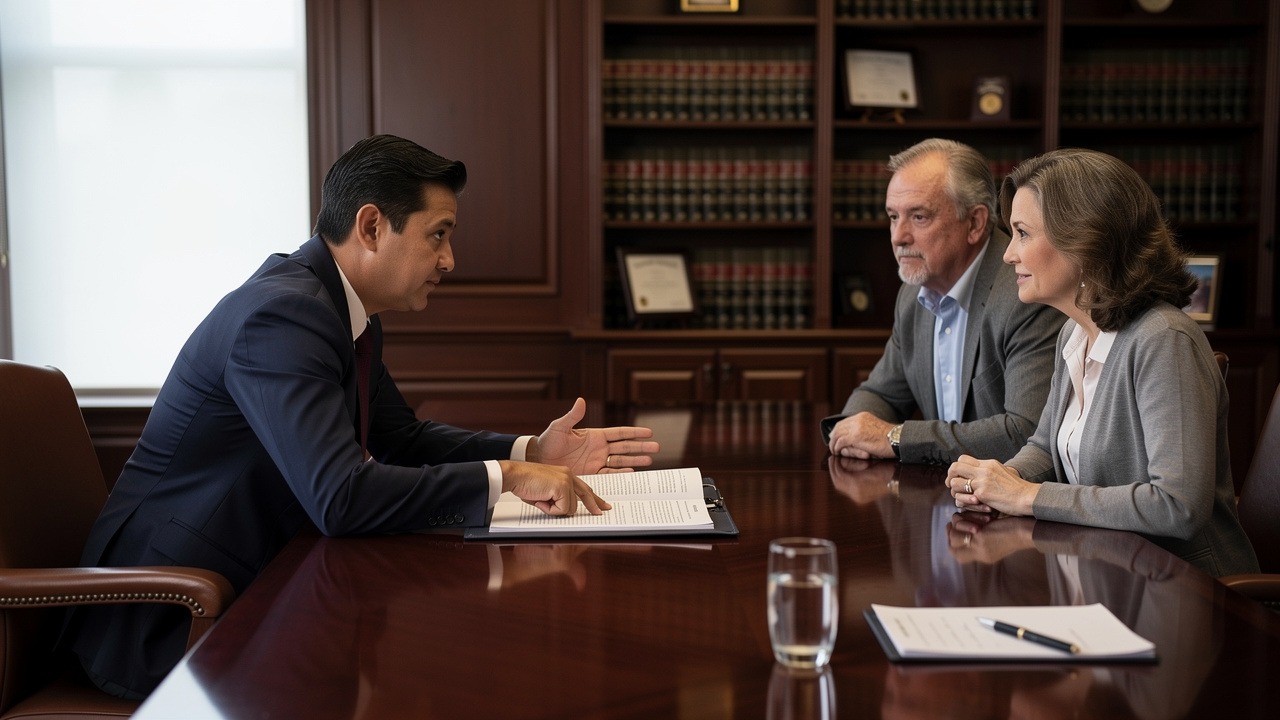 Attorney meeting with couple to review estate planning documents