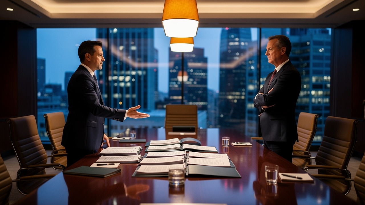 Attorneys negotiating business dispute resolution in conference room