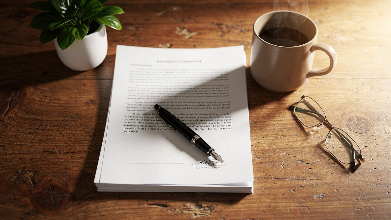 Business formation documents and pen on professional wooden desk