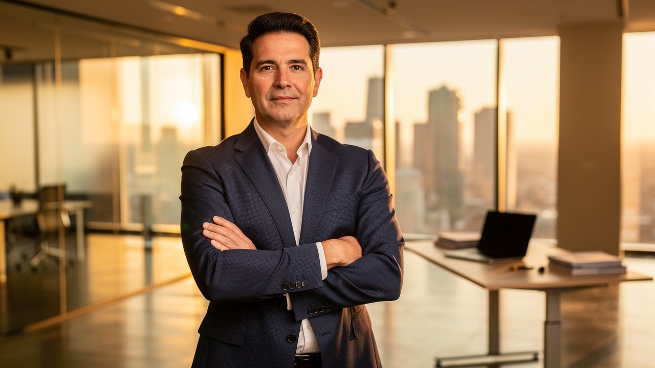 Confident business owner standing in a modern office at golden hour