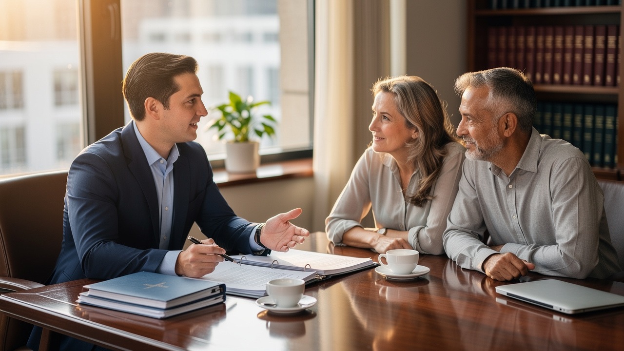 Estate attorney consulting with a couple about living trust options