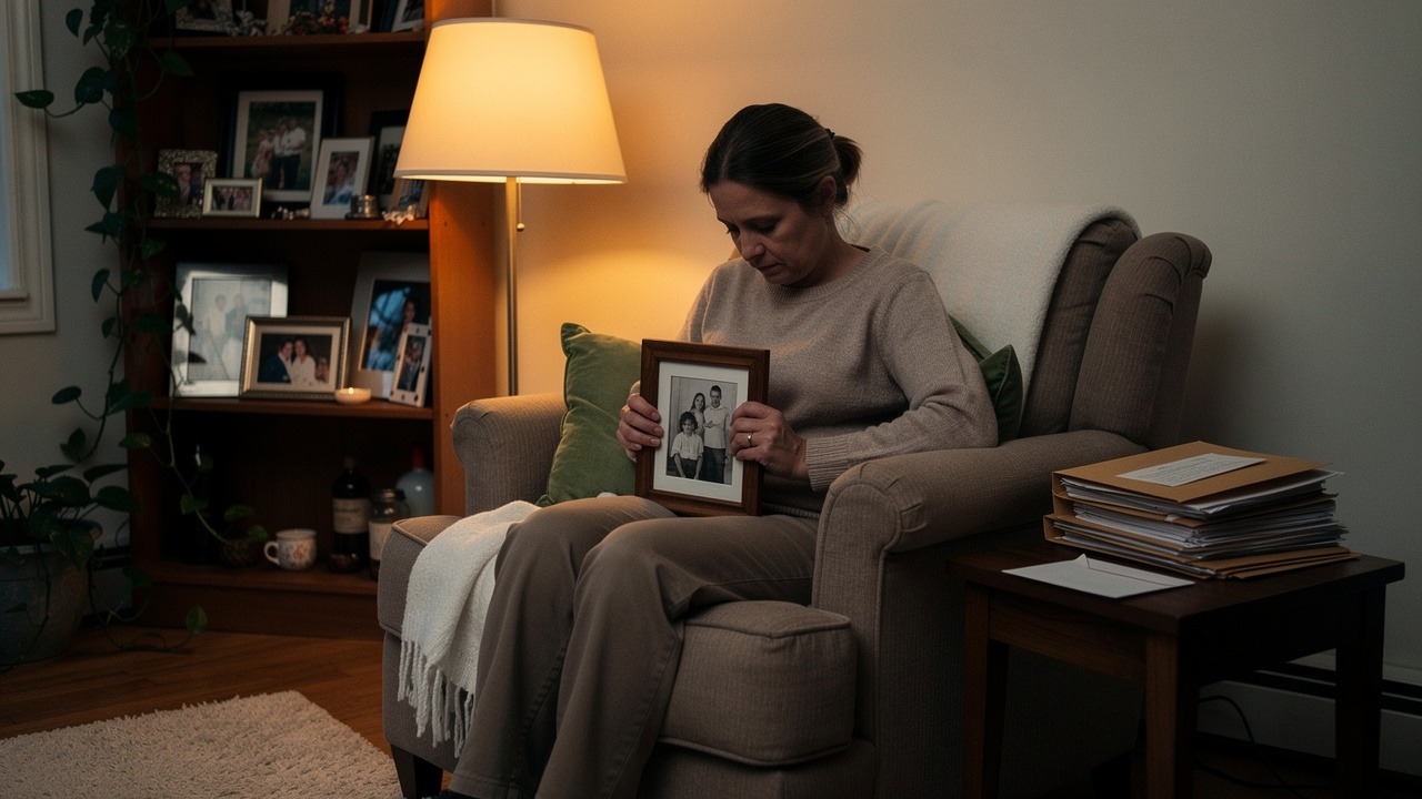 Woman reflecting on family estate documents in living room