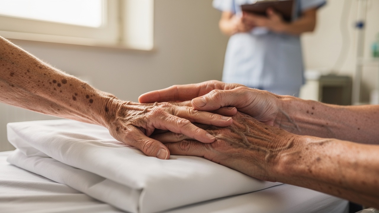 Family member holding patient's hand in hospital room