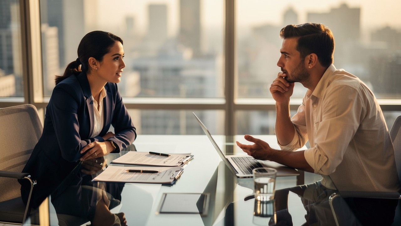 Startup lawyer advising founder in professional office meeting