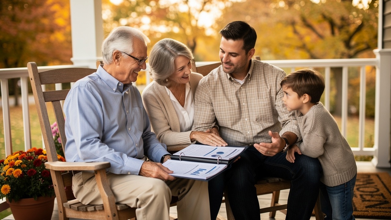 Multigenerational family discussing estate plan on sunlit porch