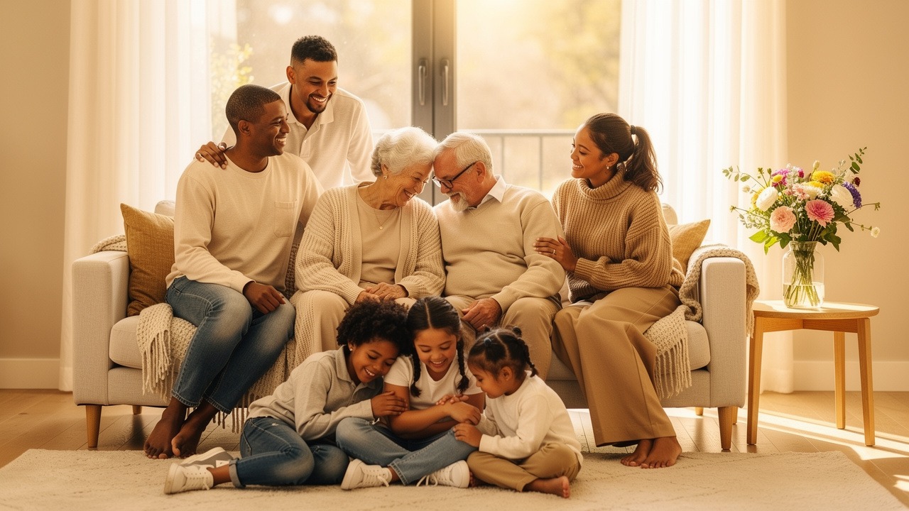 Multigenerational family gathered together in a bright living room