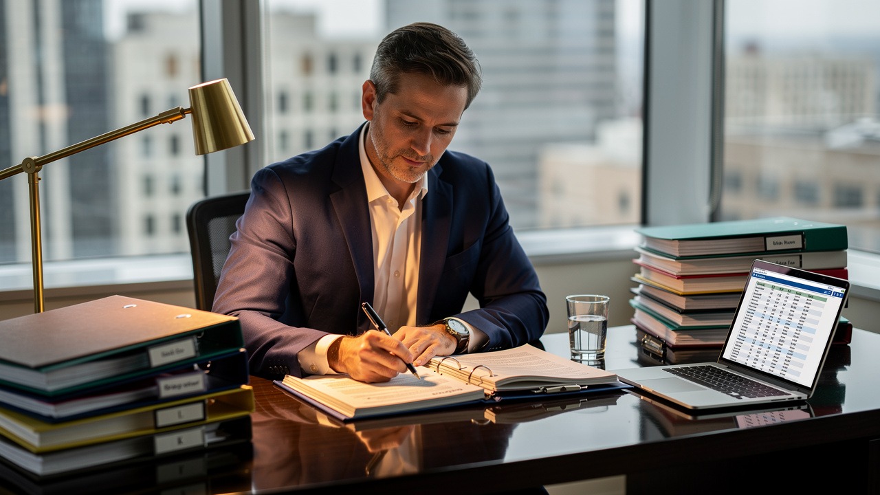 Attorney reviewing comprehensive estate plan documents at modern desk
