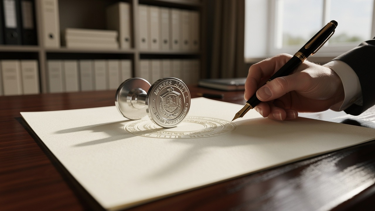 Notary seal being pressed onto signed legal document