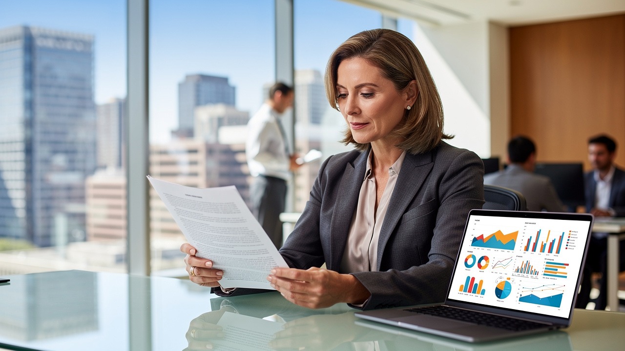 Businesswoman reviewing contracts with outside general counsel support