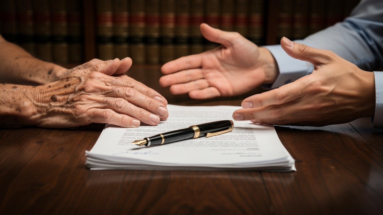 Attorney and client hands with document on wooden table