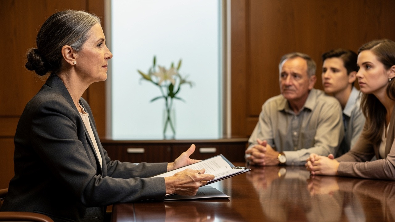 Probate attorney consulting with grieving family in office