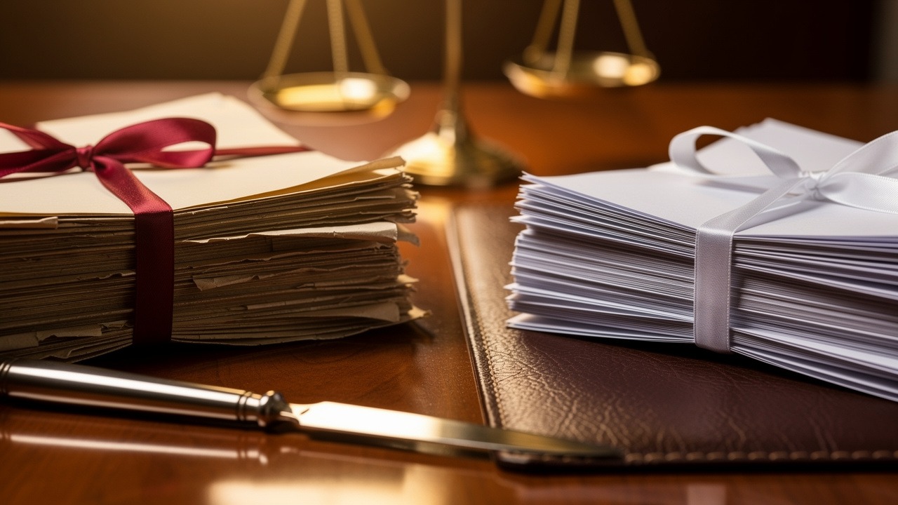 Two piles of legal documents representing probate versus non-probate assets