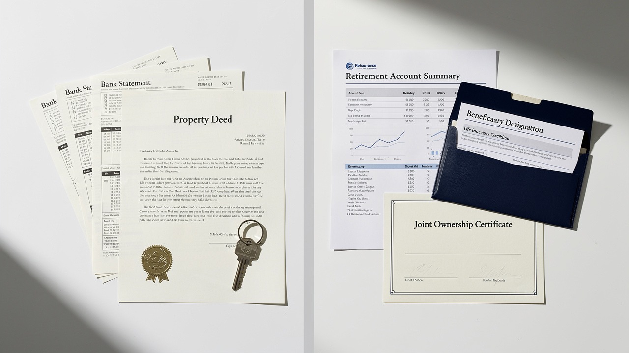 Probate and non-probate assets arranged on white desk