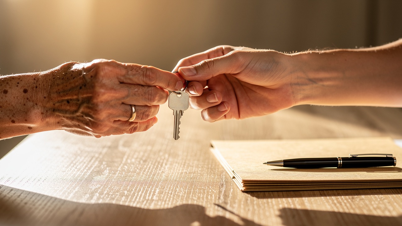 Hands exchanging house key symbolizing smooth estate property transfer