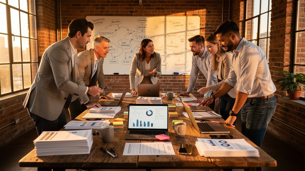 Startup founders collaborating over legal documents in office