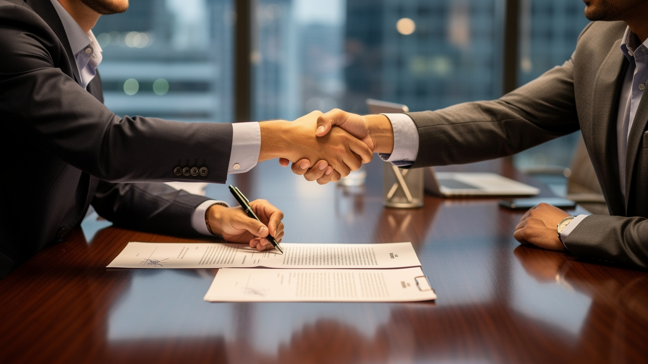 Two professionals shaking hands after signing a business contract