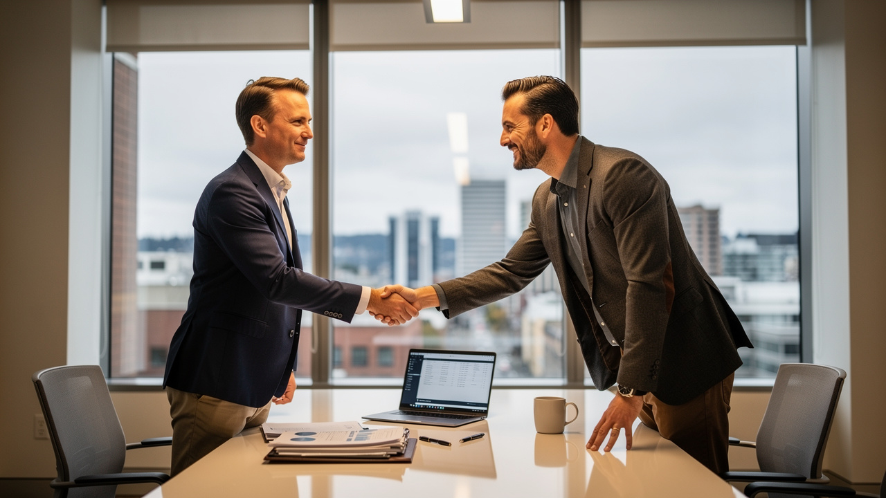 Business owners finalizing succession planning agreement in Seattle