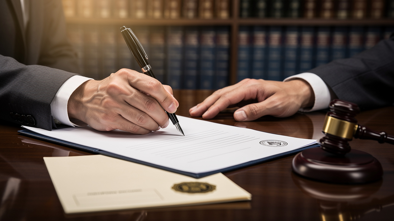 Attorney and executor signing probate petition documents at desk