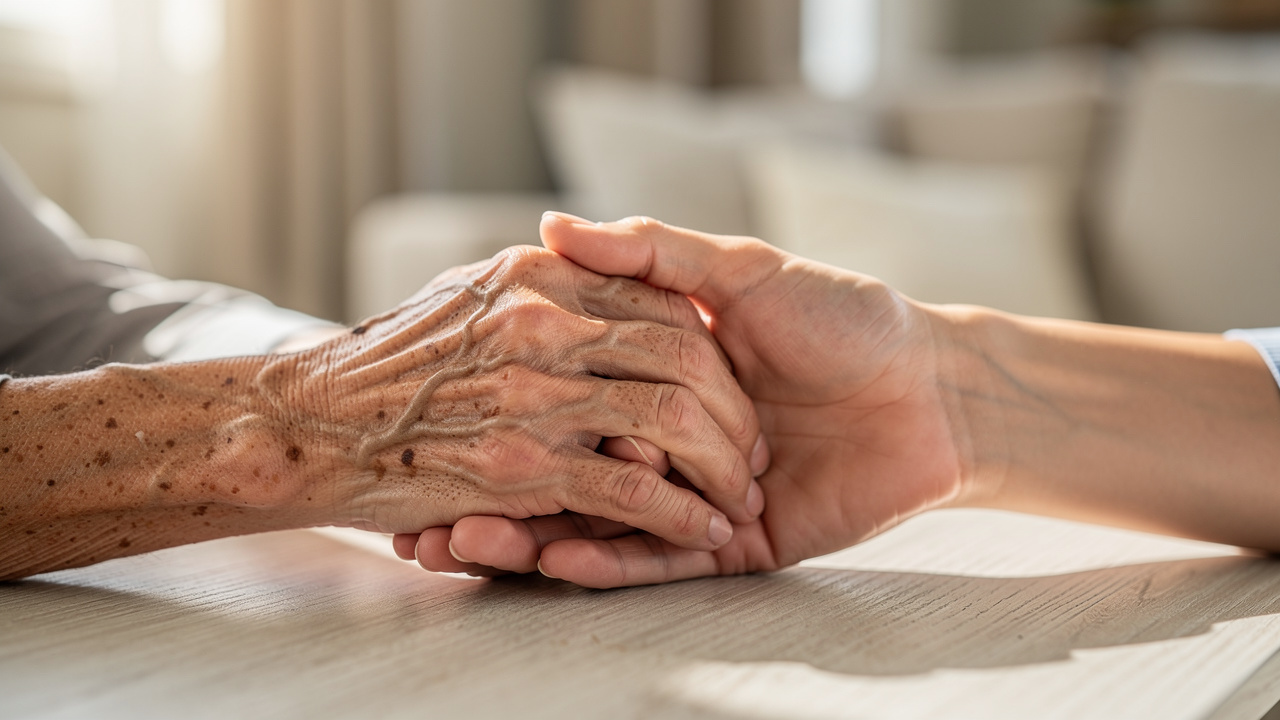 Older and younger hands clasped together representing legacy