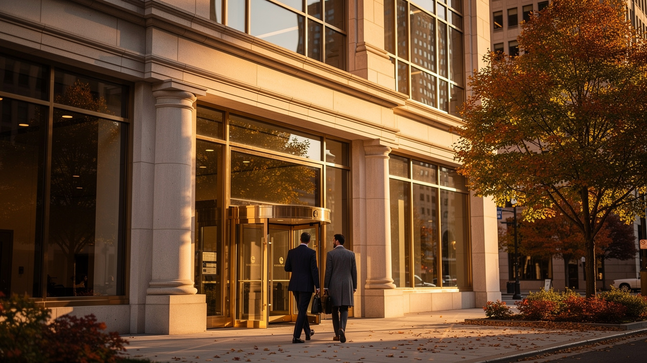 Professional Cleveland law firm building exterior at golden hour