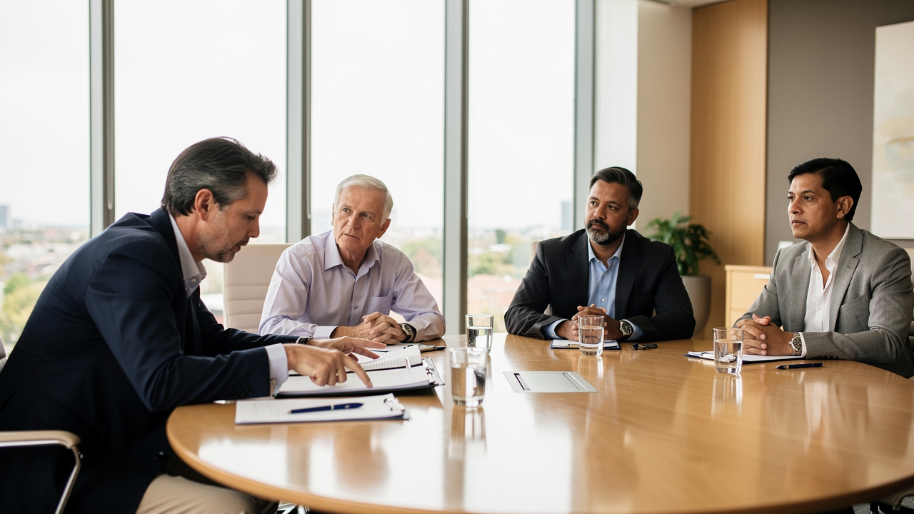 Nonprofit board members discussing fiduciary duties at meeting table