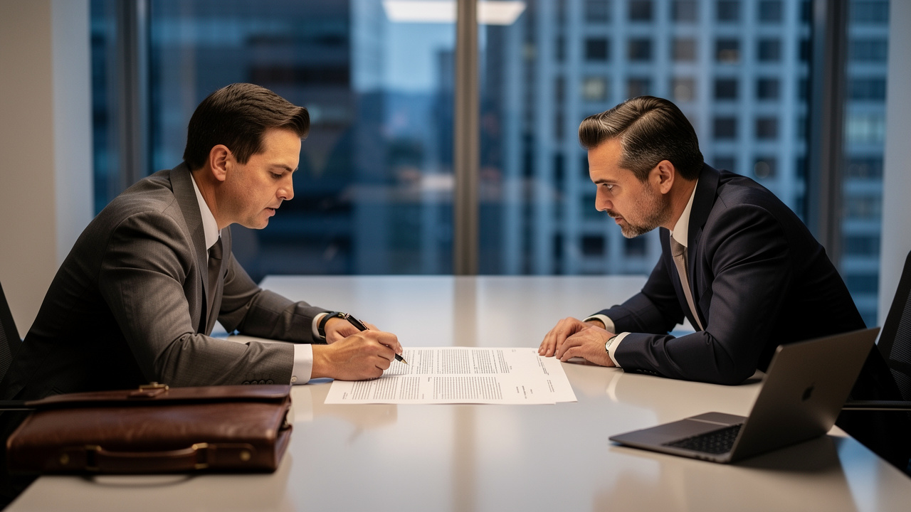 Attorney and nonprofit director reviewing contract terms together