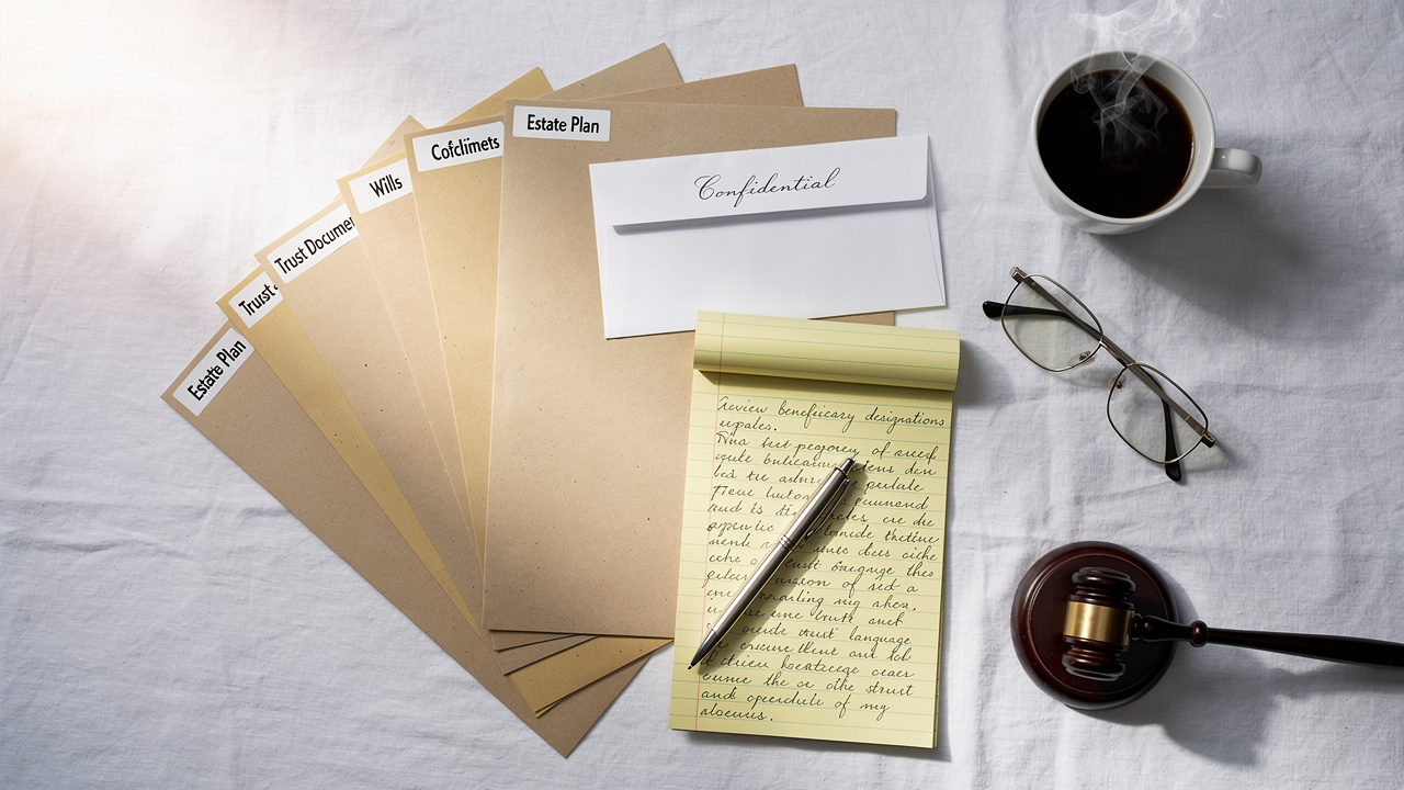 Organized estate documents and legal paperwork for probate administration