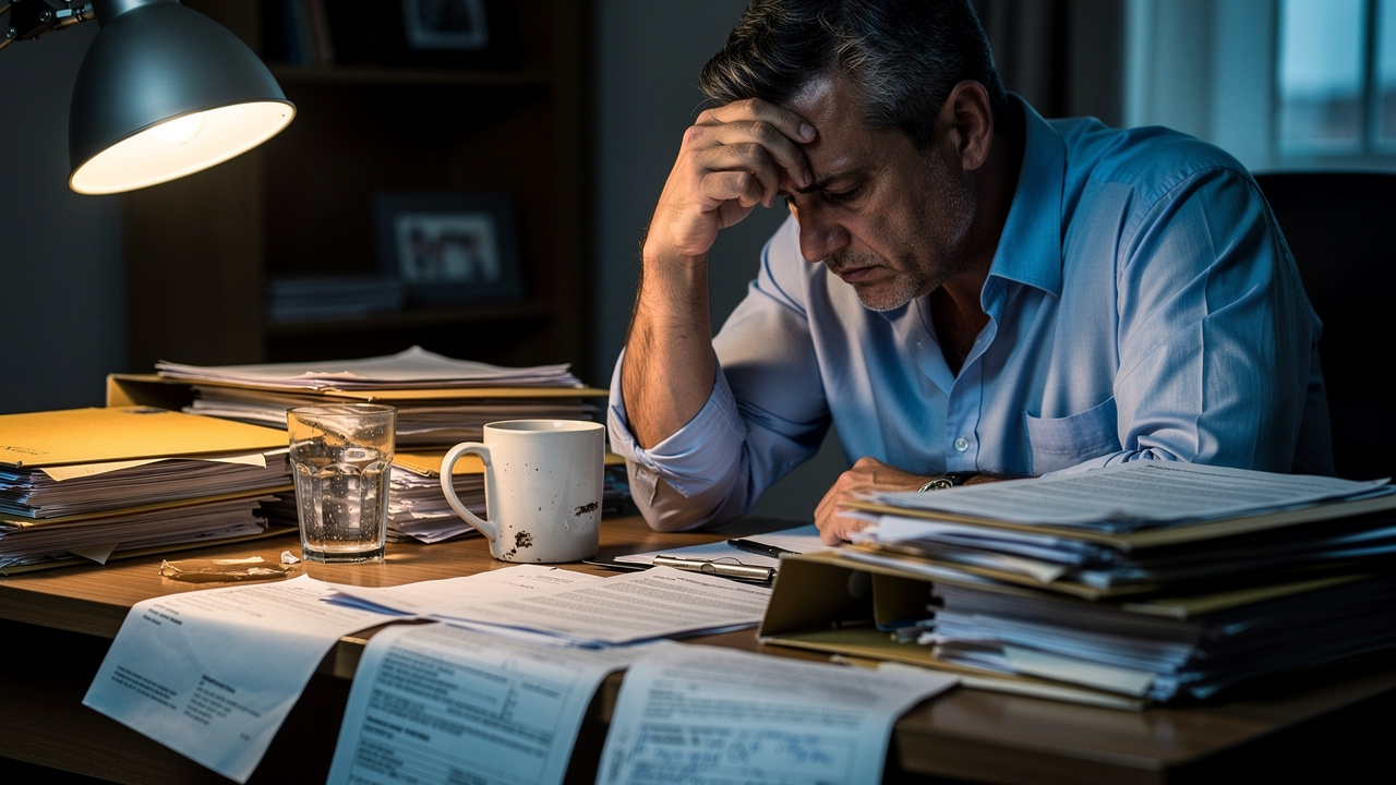Overwhelmed executor surrounded by disorganized probate paperwork
