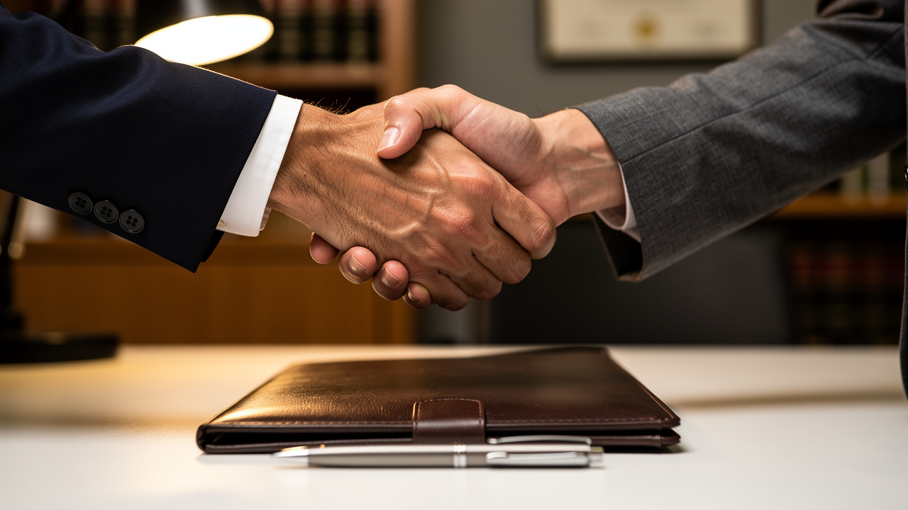 Attorney and client handshake after successful probate resolution