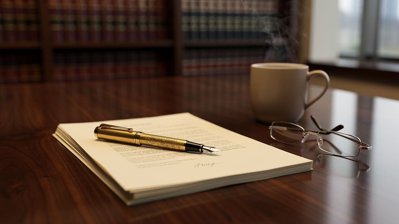 Legal documents and pen on law office conference table