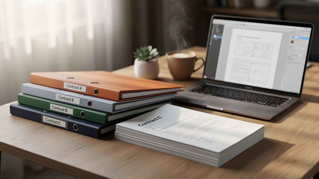 Organized business contract folders on a small business desk