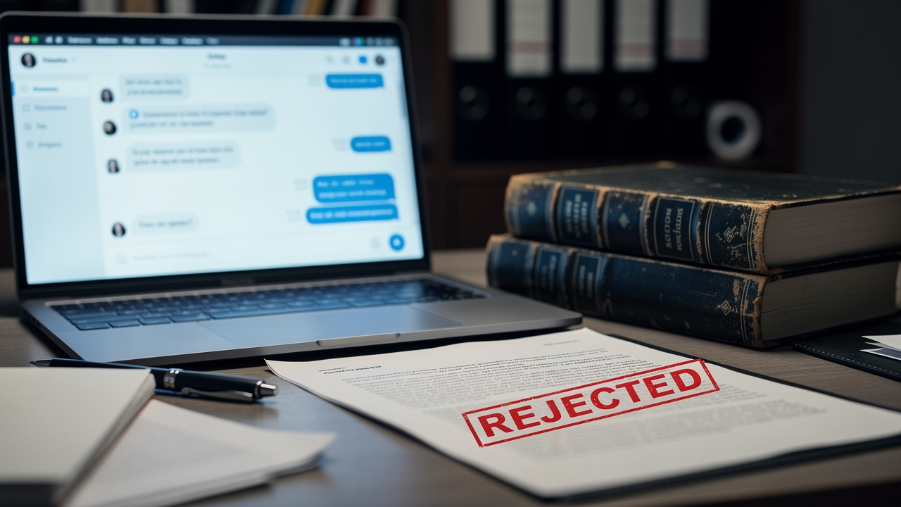 AI chatbot screen next to rejected legal document