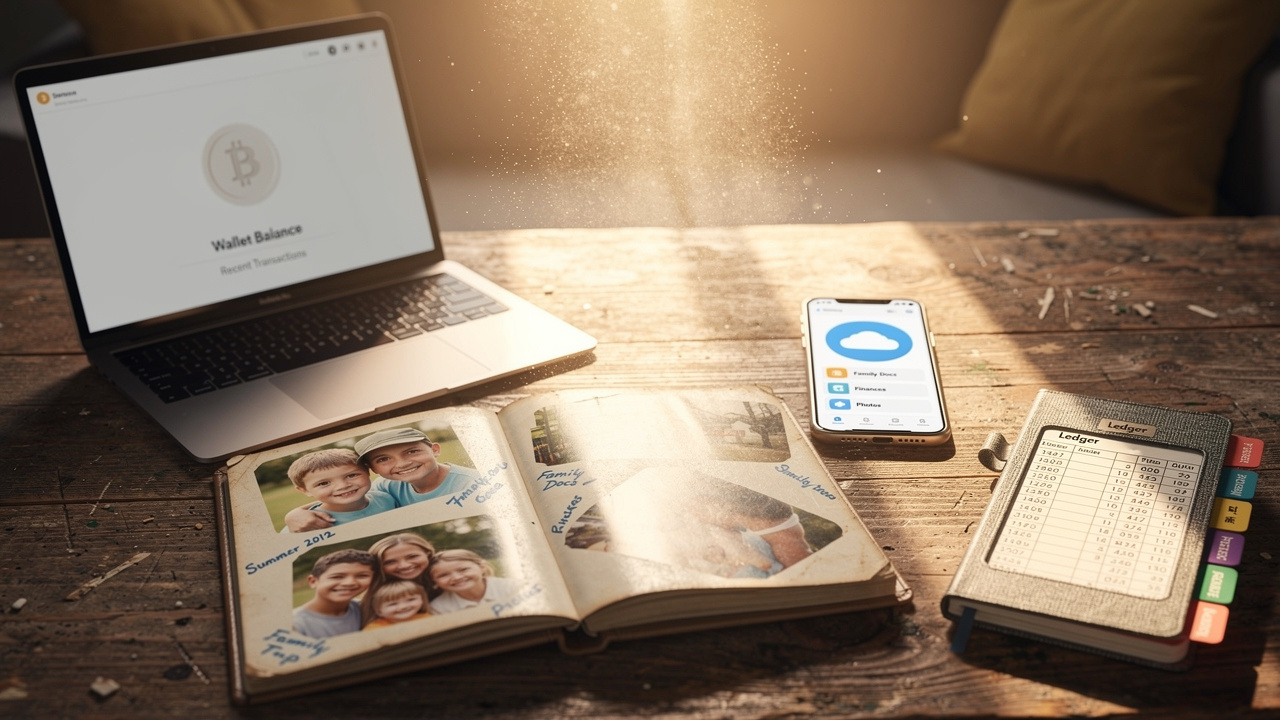 Family photos, laptop, and business ledger representing digital assets