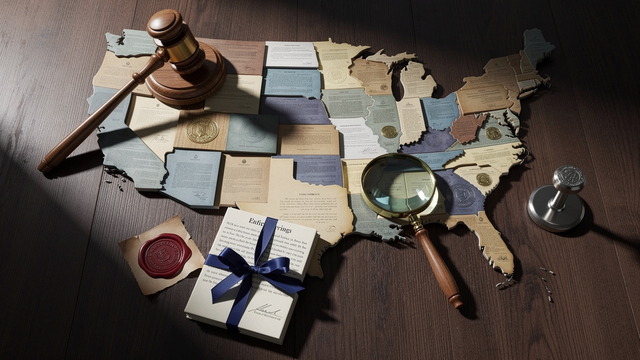 Legal documents and notary stamp representing state law differences