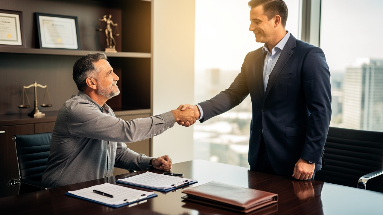 Attorney shaking hands with client in law office