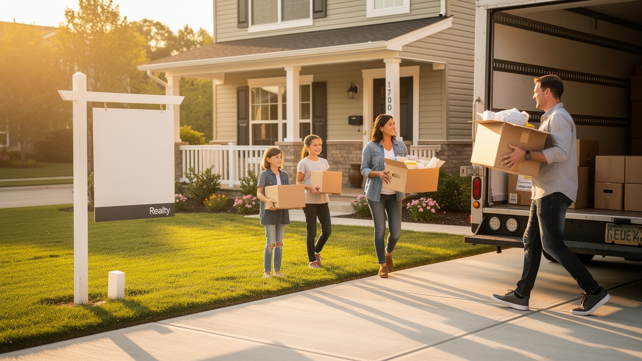 Family moving boxes into a new home after relocating