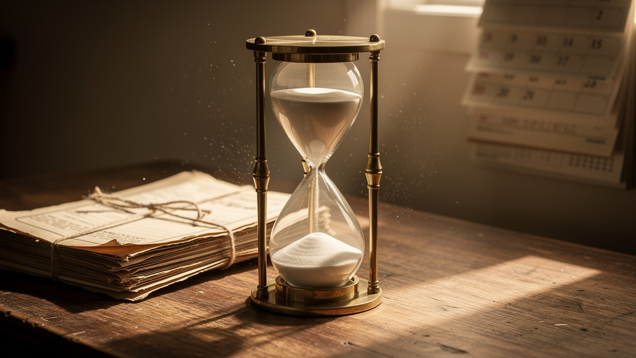 Hourglass beside legal documents symbolizing time for review