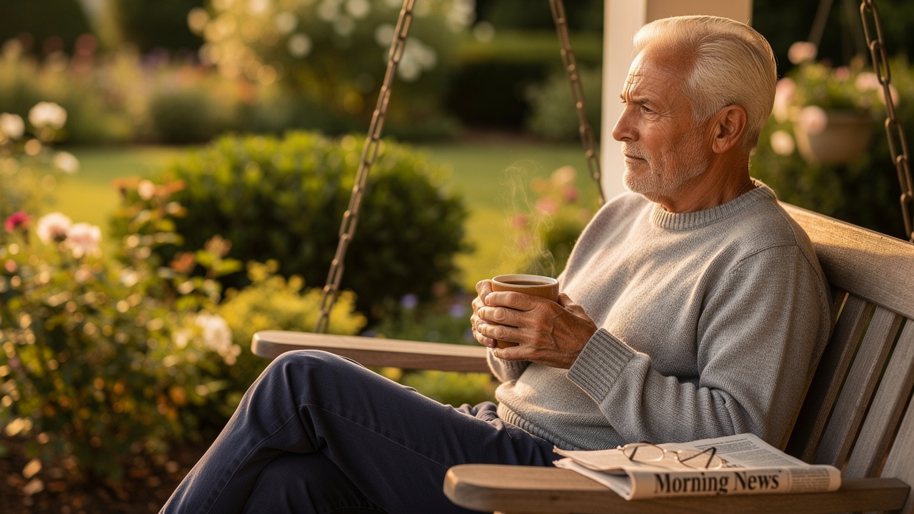 Retired man relaxing peacefully on porch during retirement